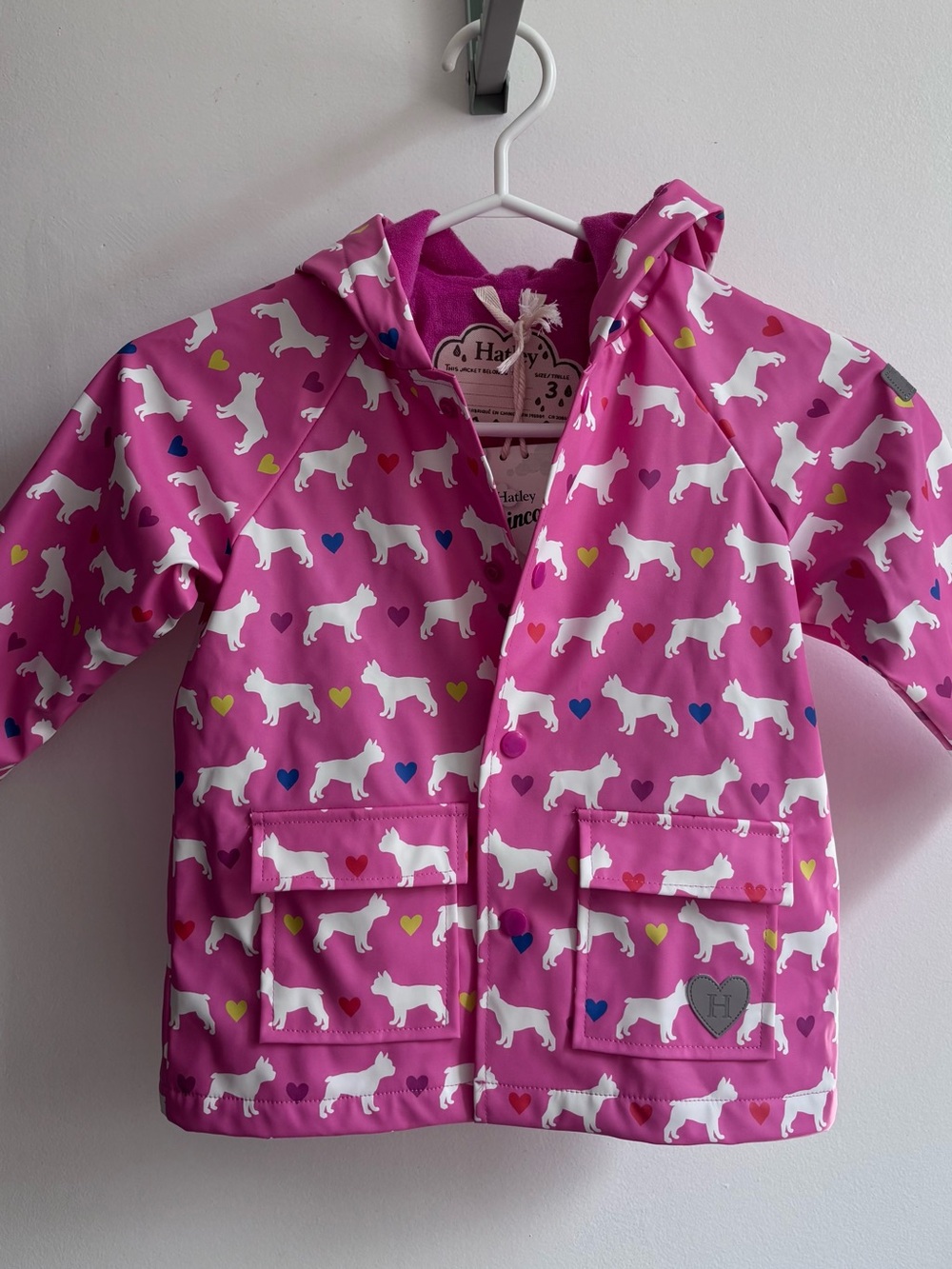 Hatley Pink Waterproof Hooded Jacket with White BullDog & Heart Print
